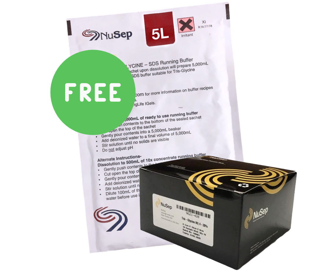 Get a free Tris-Glycine SDS Running Buffer Sachet with  every gel set purchase